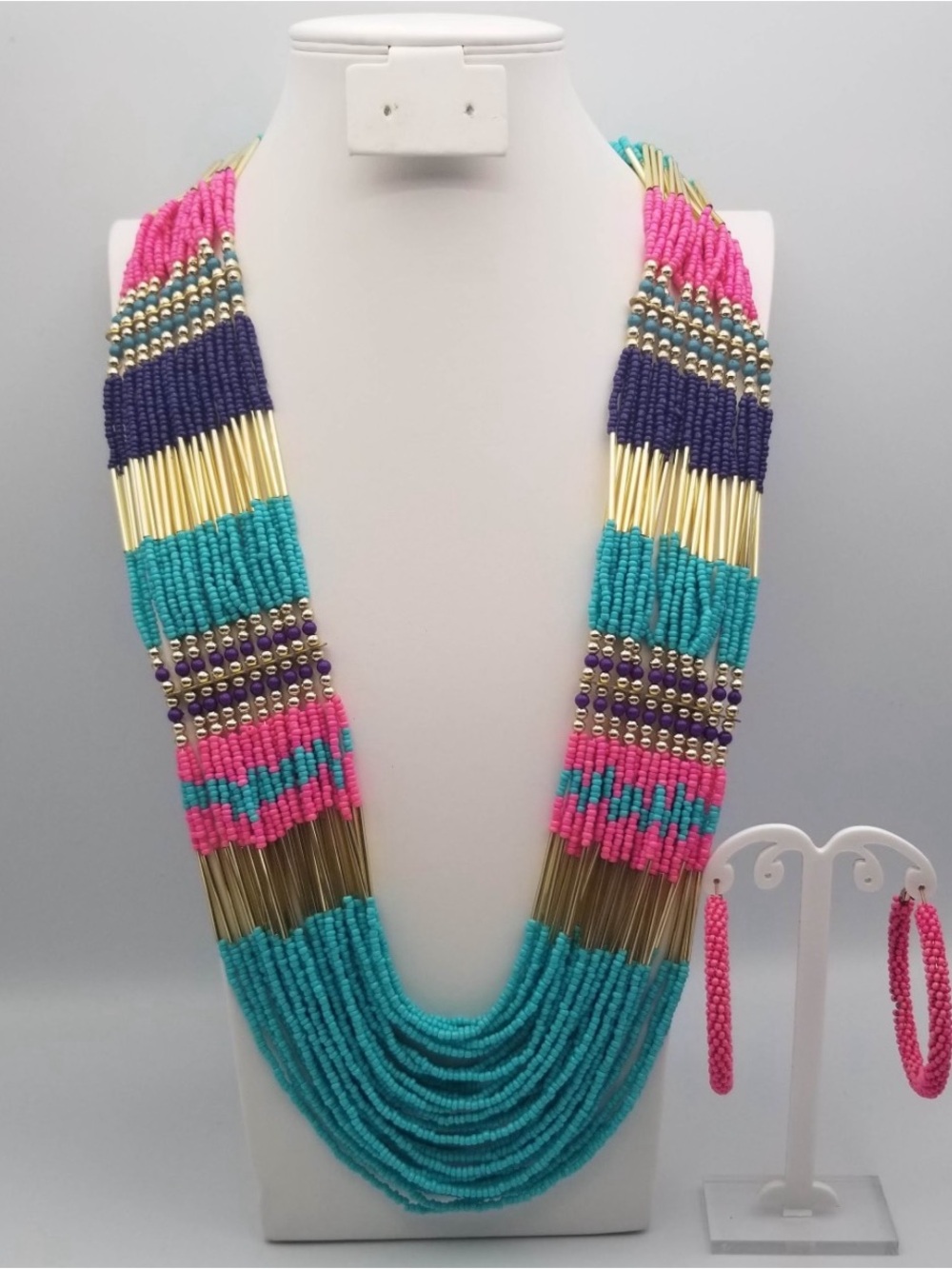 Handmade Turquoise & Pink Multi-Strand Beaded Necklace with Matching Earrings